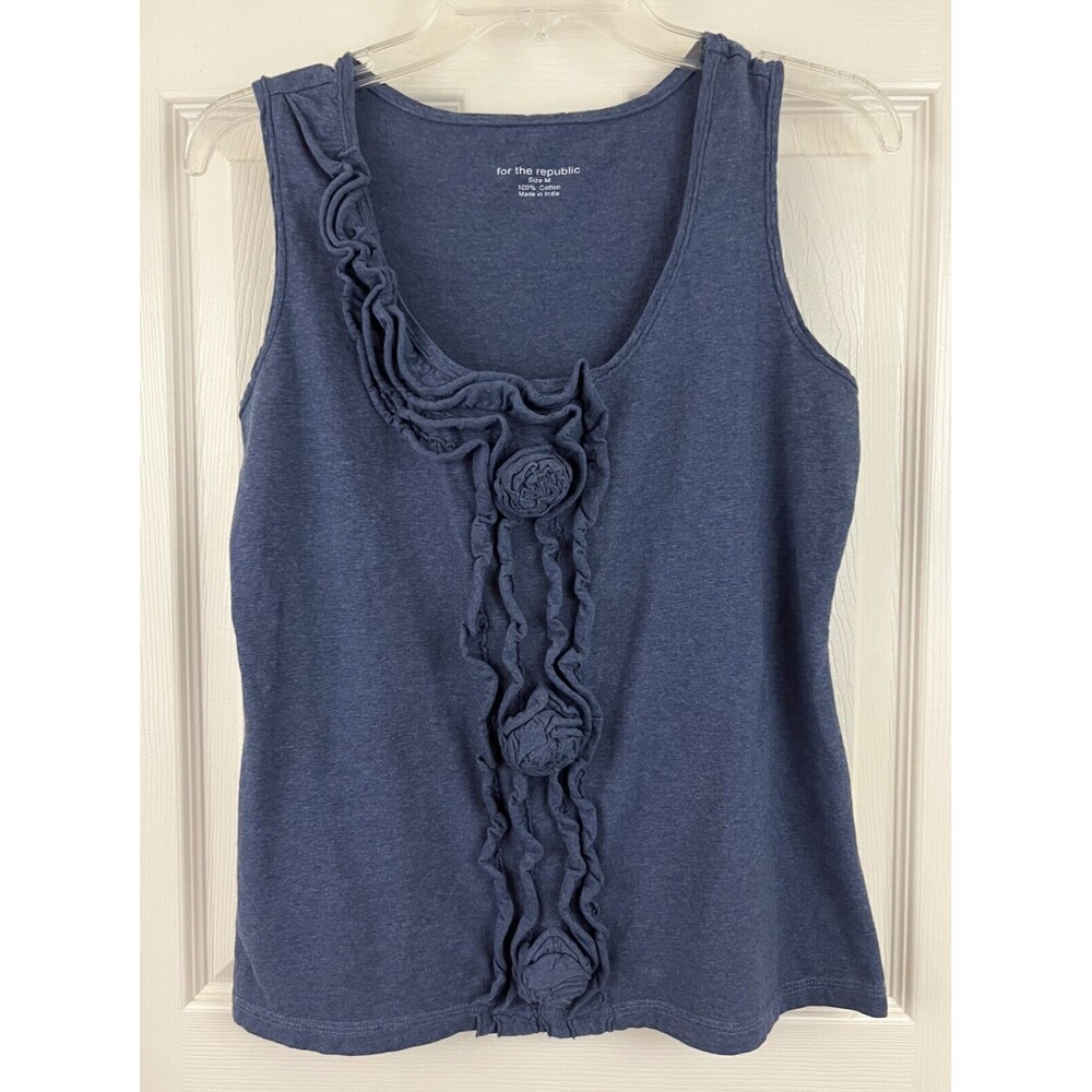 FOR THE REPUBLIC - Heather Blue Sleeveless Ruffle Embellished Cotton Knit Top M
